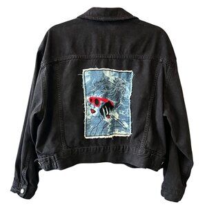 Topshop Upcycled Black Denim Moto Jacket Embroidered Girl Appliqué Back Patch 8